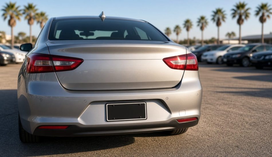 Rear view of a silver used sedan with a metal license plate on a sunny Texas car dealership lot lined with palm trees